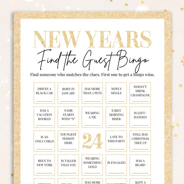 New Years Find the Guest Bingo | Printable New Years Eve Games | New Year Party Games for Adults Group | Icebreaker | Find Someone Who Bingo