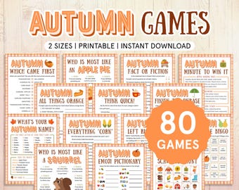 Fall games bundle printable, Autumn Fall party games, Fun activities for kids family, Apple pumpkin trivia game, Emoji pictionary