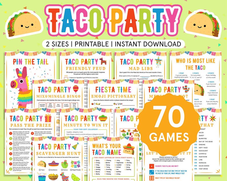 Pakiet gier imprezowych Taco Gry Taco dla dzieci Gry Fiesta Przyjęcie urodzinowe Fiesta biurowa Impreza meksykańska Zajęcia Fiesta Rodzinny Taco Wtorek zdjęcie 1