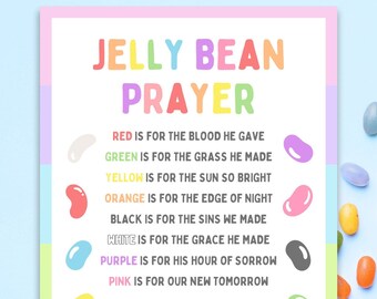 May include: A colorful print with the text "JELLY BEAN PRAYER" in rainbow letters. The text is accompanied by a list of colors and their meanings, with jelly bean illustrations. The background is pastel with jelly beans scattered around.