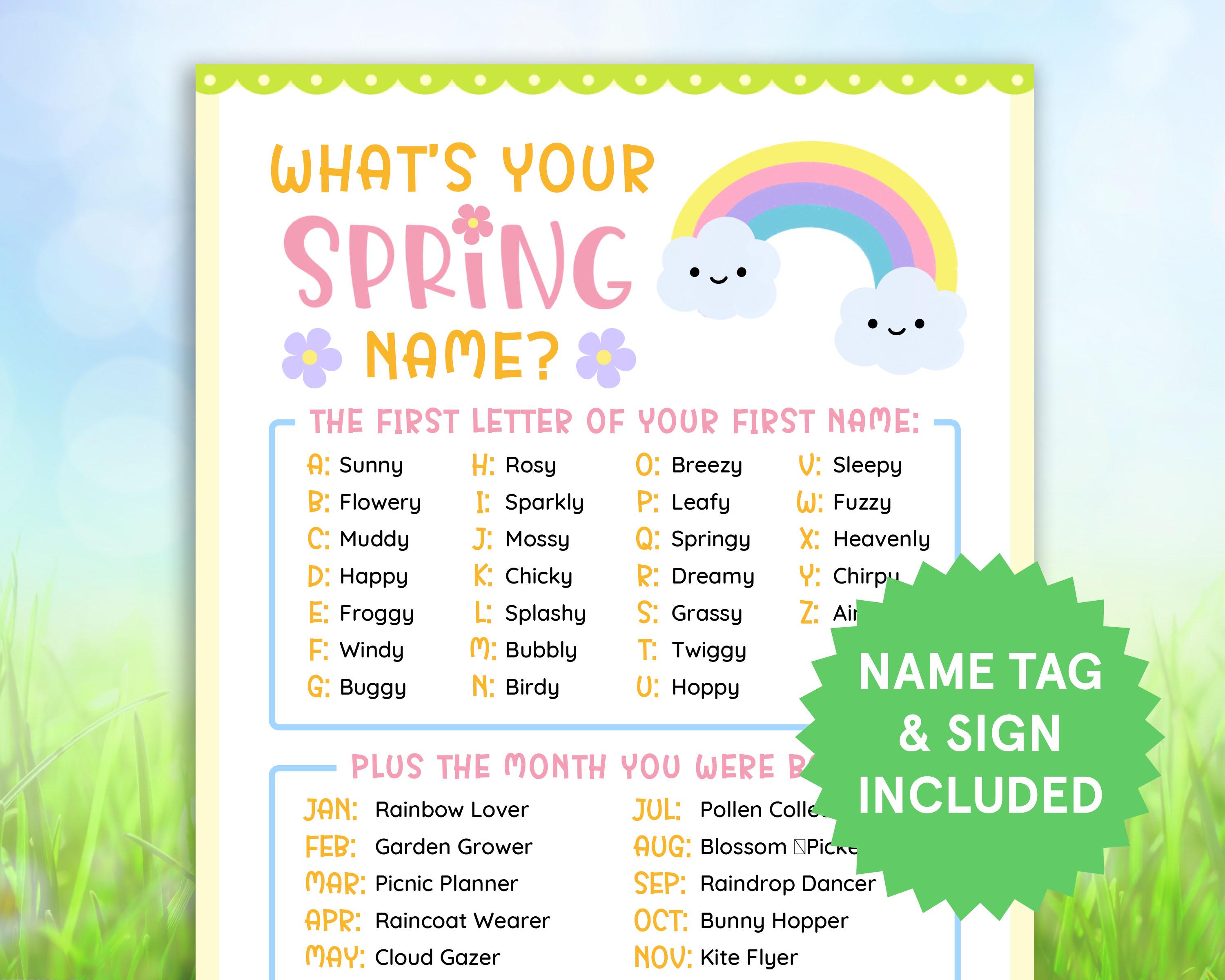 What is Your Spring Name, Name Tag, Sign Printable Spring Party Games ...