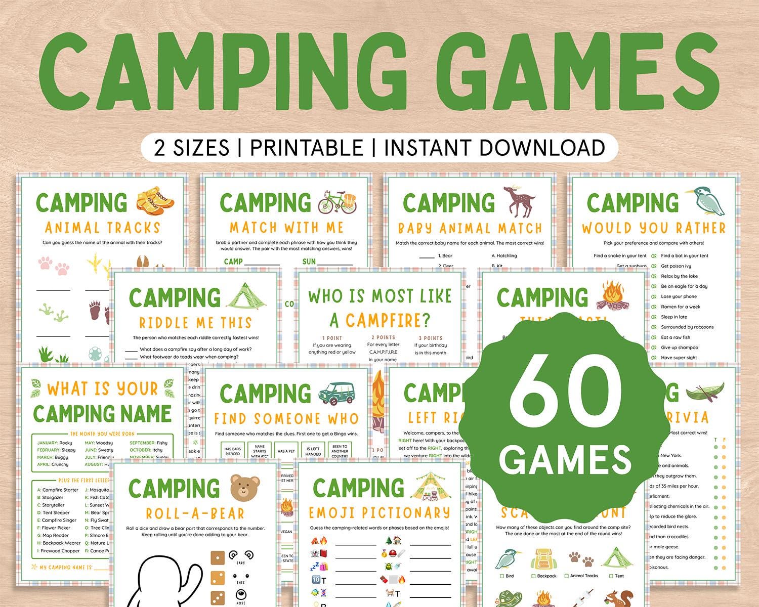 Camping Game Bundle Camping Activities for Kids Camp Party Dad Camping Games Camping Journal Printables Camping Name Sign Fun Campfire Bingo