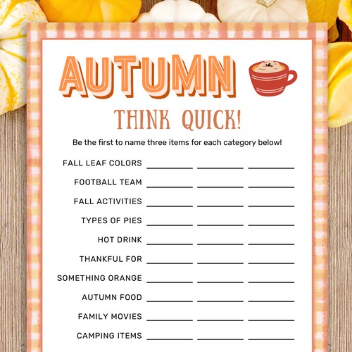 Otoño Piense Rápido / Juegos de Otoño / Actividades de Otoño para Niños, Adultos y Familia / Piense Rápido / Juego de Acción de Gracias / Juegos de Fiesta de Otoño / Imprimible