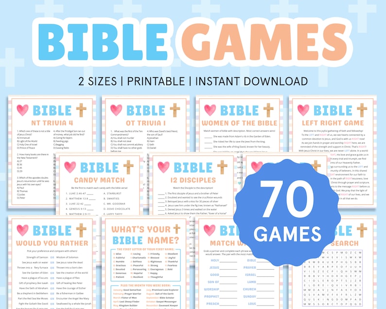 Peut inclure: Un ensemble de 70 jeux bibliques imprimables pour enfants. Les jeux sont con&ccedil;us avec un sch&eacute;ma de couleurs rose et bleu et pr&eacute;sentent un design de croix et de c&oelig;ur. Les jeux comprennent des questions-r&eacute;ponses, des jeux de correspondance, des mots cach&eacute;s et plus encore.
