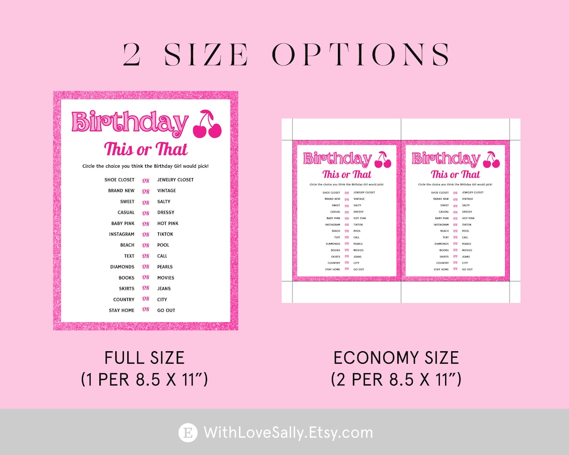 Pink Birthday This or That Girls Birthday Game Glitter Party Pink Party