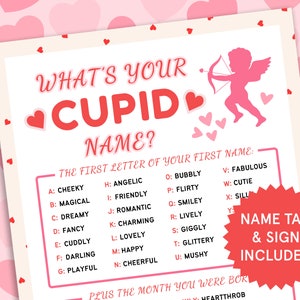Qual è il tuo nome Cupido, targhette con nome, cartello Attività di San Valentino per bambini Galentines Day Fun Generatore di nomi di gioco stampabile per San Valentino
