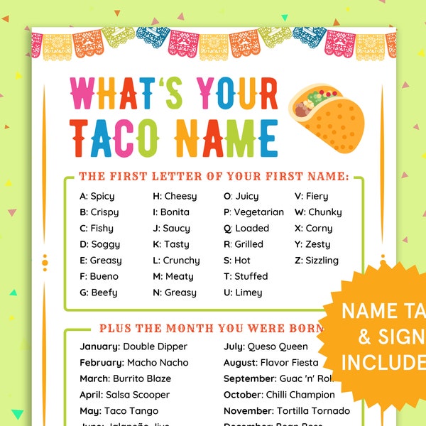 What's Your Taco Name, Name Tags, Sign | Mexican Fiesta Birthday Party Games | Taco Tuesday Printable | Cinco de Mayo Activities for Kids