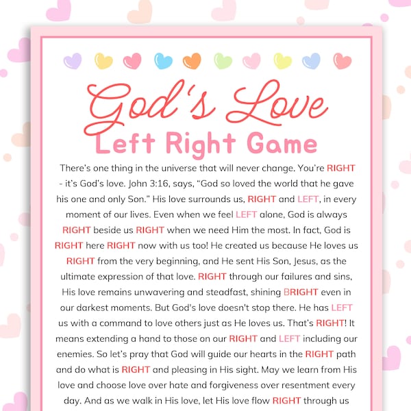 Gods Love Left Right Game Sunday School Bible Study Games Bible Game Church Gift Exchange Game Pass the Prize Fun Christian Group Activities