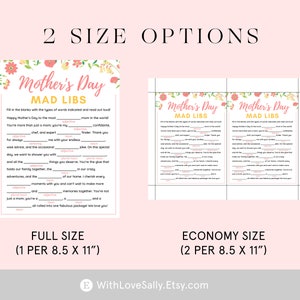 K&ouml;nnte beinhalten: Zwei druckbare Muttertags-Mad-Libs-Spielkarten mit floralem Design. Die Karten sind in zwei Gr&ouml;&szlig;en erh&auml;ltlich: Vollformat (1 pro 8,5 x 11 Zoll) und Sparformat (2 pro 8,5 x 11 Zoll).