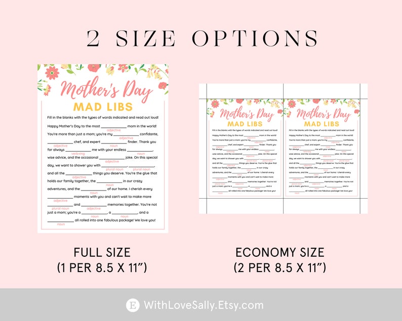 K&ouml;nnte beinhalten: Zwei druckbare Muttertags-Mad-Libs-Spielkarten mit floralem Design. Die Karten sind in zwei Gr&ouml;&szlig;en erh&auml;ltlich: Vollformat (1 pro 8,5 x 11 Zoll) und Sparformat (2 pro 8,5 x 11 Zoll).