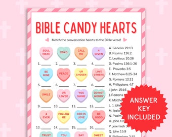 God's Conversation Hearts Bible Match Game Church Valentine Bible Verse Game Sunday School Bible Study Games for Kids, Adults Candy Hearts