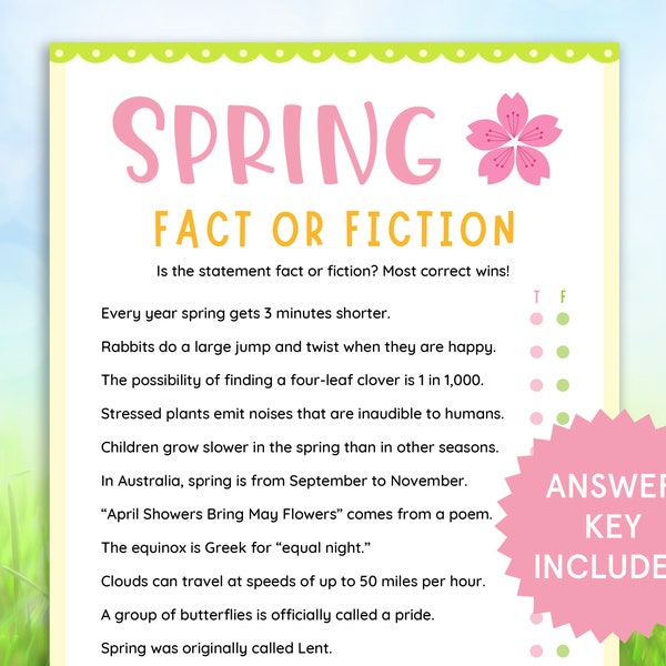 Spring Fact or Fiction Game Printable Spring Activities for Kids, Adults Fun Family Spring Activity Classroom Games Trivia Springtime Quiz