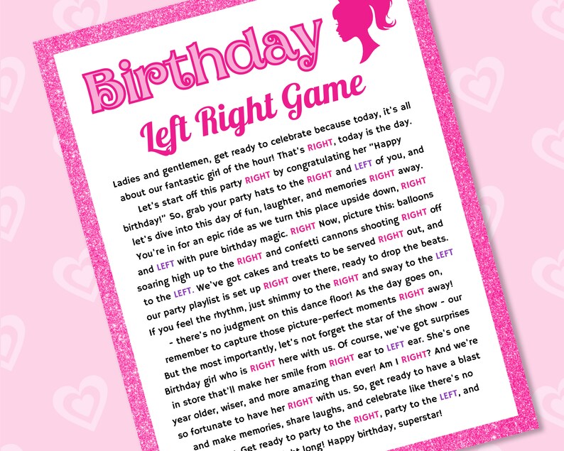 Pink Birthday Left Right Game Girls Birthday Party Games for Kids, Teen ...