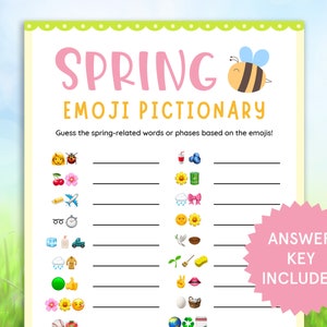 Spring Emoji Pictionary Game Printable Springtime Games Spring Activities for Kids, Adults Fun Family Spring Party Games Trivia Emoji Game