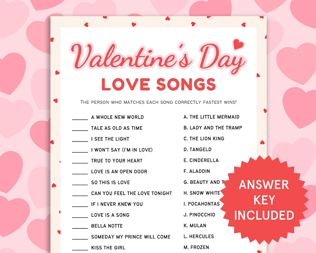 Valentines Day Love Song Game Printable Valentines Trivia for Kids and ...