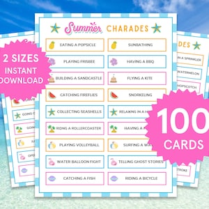 Summer Charades Summer Games Family Summer Activities for Kids, Adult Pool Party Game Printable Beach Game Action Charades Summer Party Game