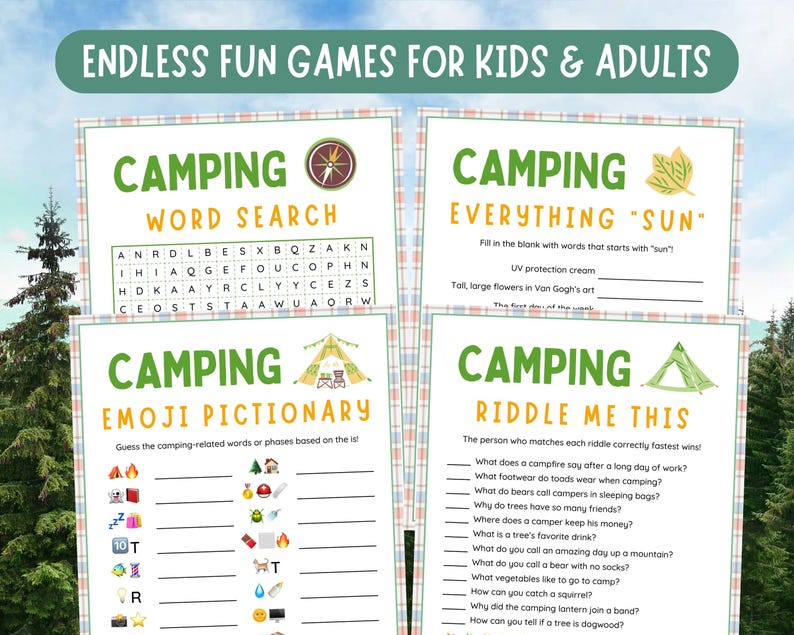 May include: Four printable camping game cards with a green and white plaid background. The cards feature the titles "Camping Word Search", "Camping Everything 'Sun'", "Camping Emoji Pictionary", and "Camping Riddle Me This".