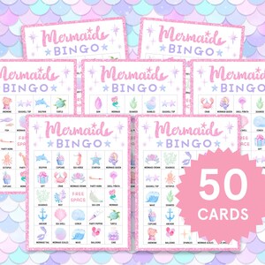 May include: A set of mermaid-themed bingo cards with a pink and purple color scheme. The cards feature illustrations of mermaids, sea creatures, and related items. The text "Mermaids Bingo" is displayed on each card, with a pink burst that says "50 Cards".