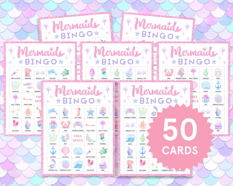 May include: A set of mermaid-themed bingo cards with a pink and purple color scheme. The cards feature illustrations of mermaids, sea creatures, and related items. The text "Mermaids Bingo" is displayed on each card, with a pink burst that says "50 Cards".