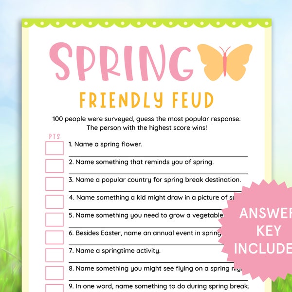 Spring Friendly Feud Trivia Game Printable Family Feud for Kids, Adults, Family Fun Spring Activity Spring Seniors Game Spring Icebreaker