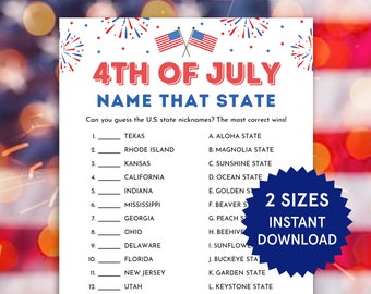 4th of July Game Name That State Fun Fourth of July Party Game for Kids Adults 4th of July Activities for Kids 4th of July Trivia Printable
