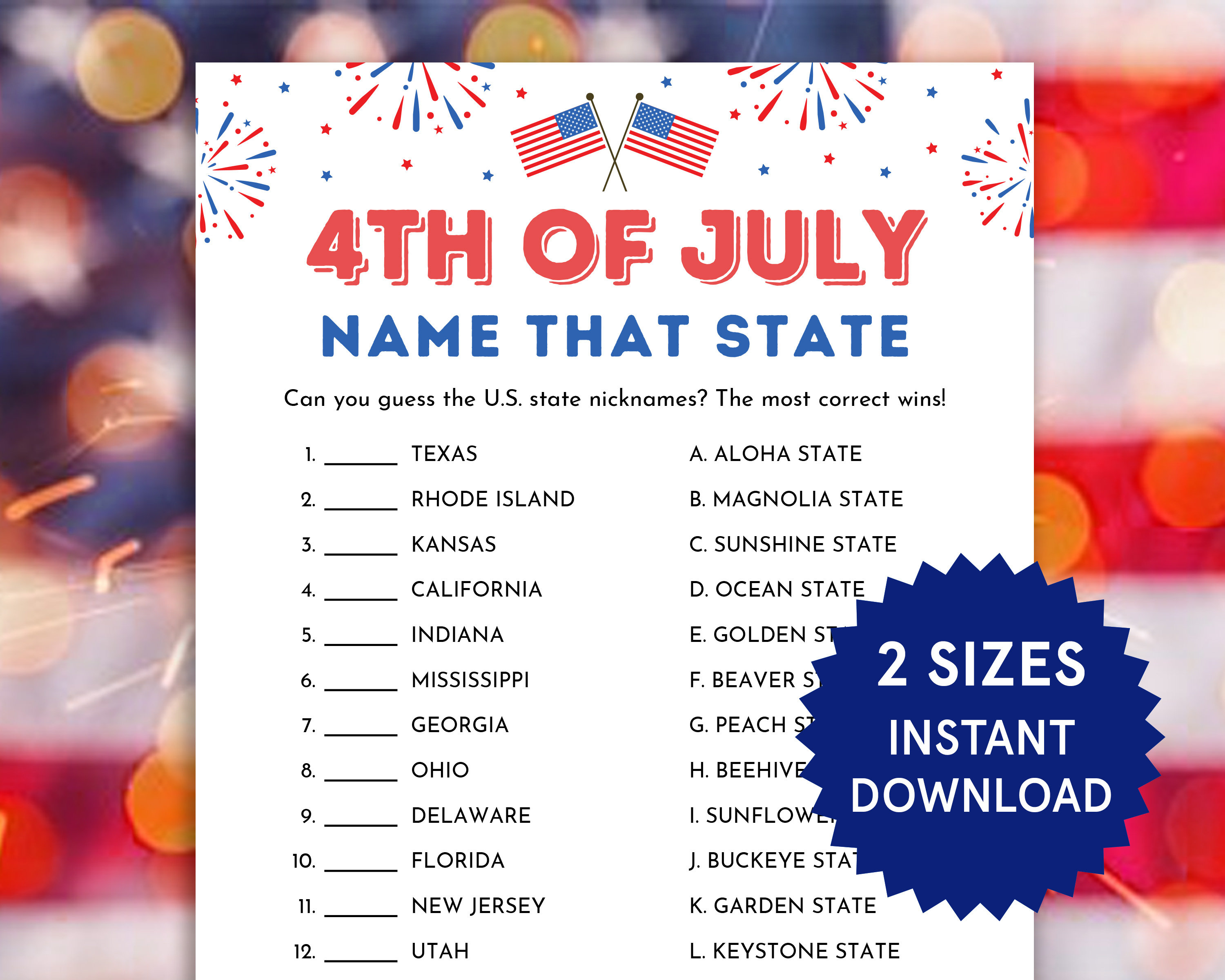 4th of July Game Name That State Fun Fourth of July Party Game for Kids ...