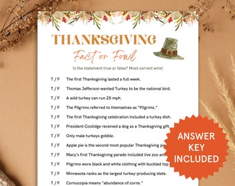 Thanksgiving Fact or Fowl | Thanksgiving Party Printable Game | Fun Thanksgiving Trivia Game for Kids, Adults | Turkey Day | Fact or Fiction