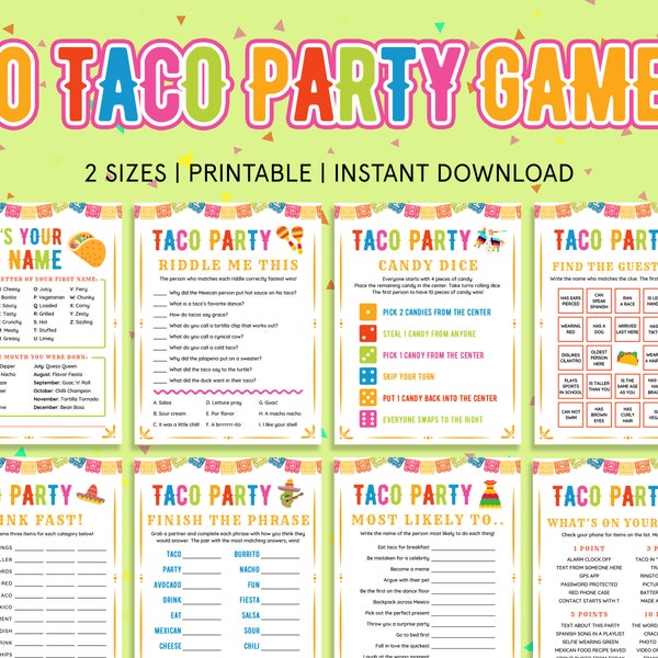Paquete de juegos de fiesta de tacos / Juegos de fiesta de cumpleaños de Fiesta Mexicana para niños, familia / Juego del Cinco de Mayo / Noche de tacos imprimible / Martes de tacos