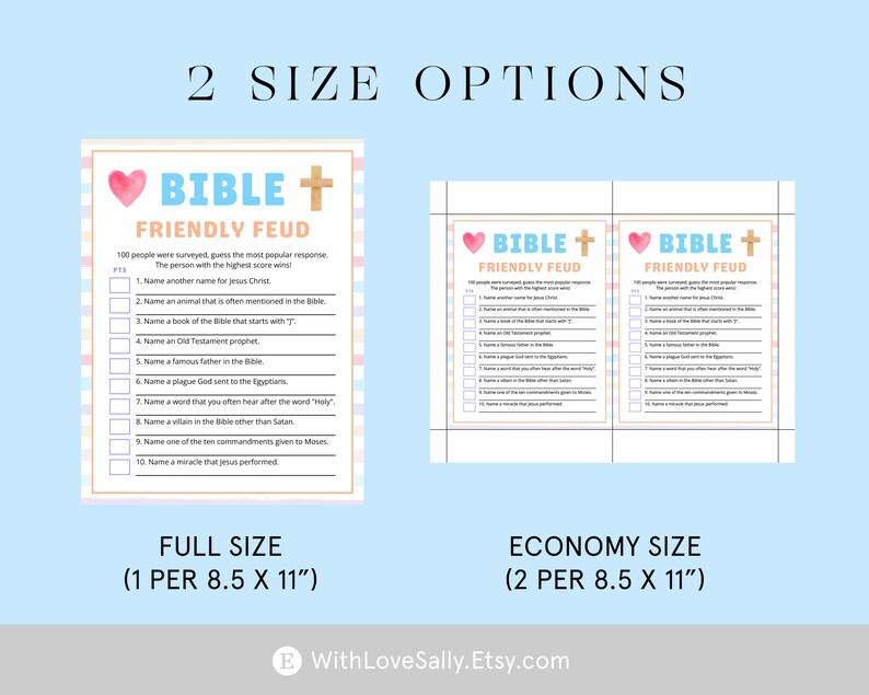 Peut inclure: Deux cartes de jeu imprimables sur le th&egrave;me de la Bible avec des rayures roses et bleues. Les cartes sont intitul&eacute;es "Bible Friendly Feud" et comprennent 10 questions de culture g&eacute;n&eacute;rale. Les cartes sont disponibles en deux tailles&nbsp;: taille normale (8,5 x 11 pouces) et taille &eacute;conomique (8,5 x 11 pouces).