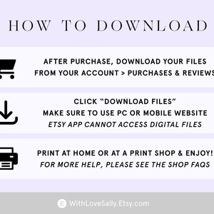 May include: A digital download guide titled "HOW TO DOWNLOAD" with instructions on how to access files after purchase. Includes icons for a shopping cart, download arrow, and printer. The guide advises using a PC or mobile website.