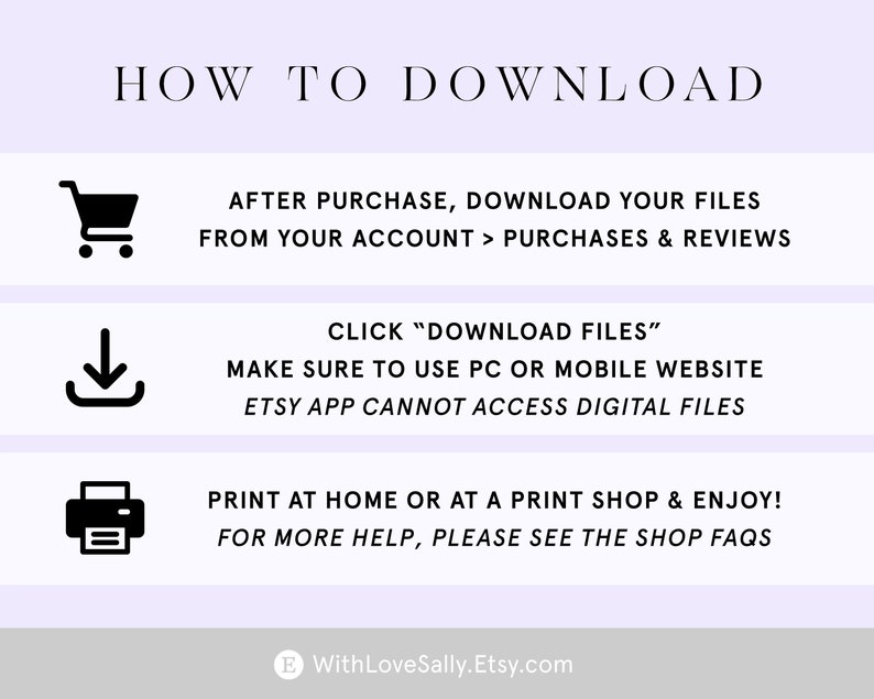 May include: A digital download guide titled "HOW TO DOWNLOAD" with instructions on how to access files after purchase. Includes icons for a shopping cart, download arrow, and printer. The guide advises using a PC or mobile website.
