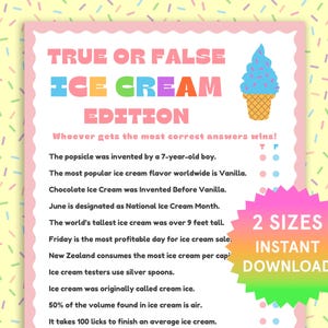 Ice Cream Fact or Fiction Ice Cream Party Games Kids Birthday Games Fun Summer Activities for Kids Ice Cream Party Social Printable Trivia