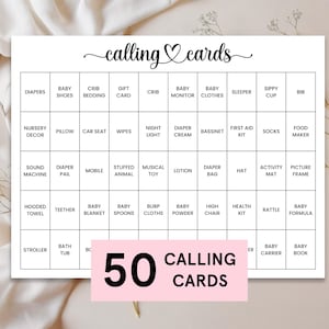 Op de afbeelding: Een zwart-witte printbare bingokaart met de woorden "calling cards" bovenaan. De kaart heeft een 5x5 raster met verschillende babygerelateerde items die in elk vierkant staan, zoals luiers, wiegbedding, babyfoon, babykleding en meer.