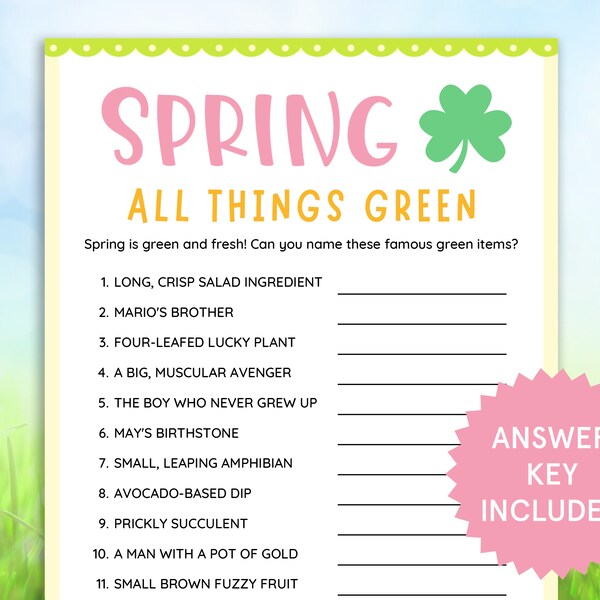 Spring All Things Green Game Fun Spring Activities for Kids, Family, Adults  Spring Party Games Printable Classroom Games St. Patricks