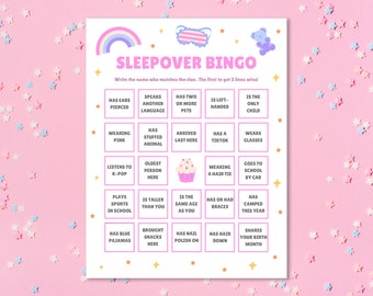 Sleepover Bingo | Slumber Party Find the Guest Bingo | Slumber Party Games | Pajama Party Activities | Birthday Party Games Tweens and Teens