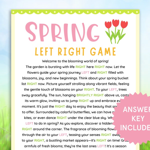 Spring Left Right Game Printable Spring Games Spring Activities for Kids, Adults, Family Pass the Prize Gift Exchange Game Left Right Poem