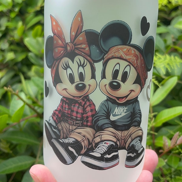 Chicano Minnie  and  Mickey  Always and forever Iced coffee 16oz glass cup /libbey cup /frosted glass cup /bamboo lid /glass straw