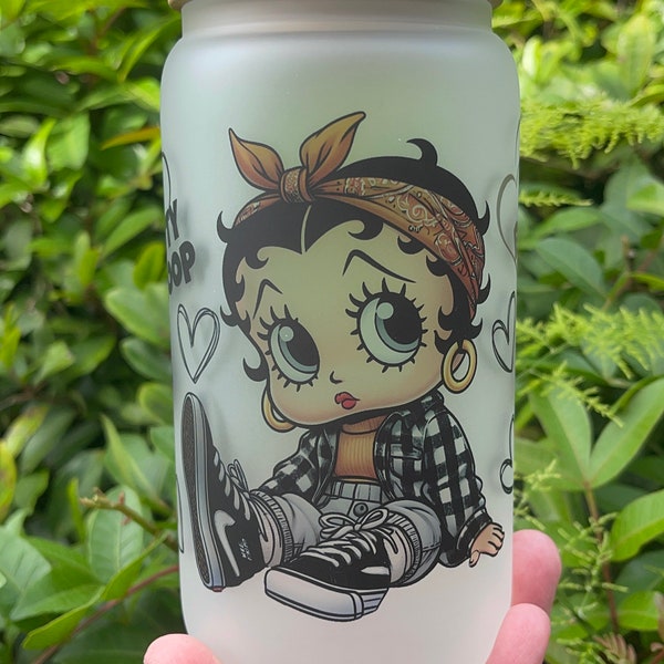 Chicano Betty boop   Iced coffee 16oz glass cup /libbey cup /frosted glass cup /bamboo lid /glass straw