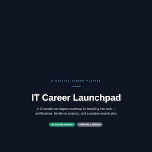 May include: A dark navy digital career planner titled IT Career Launchpad. The text reads: A 12-month, no-degree roadmap for breaking into tech—certifications, hands-on projects, and a real job search plan. Two buttons state: NO DEGREE NEEDED and PRINTABLE EDITION.