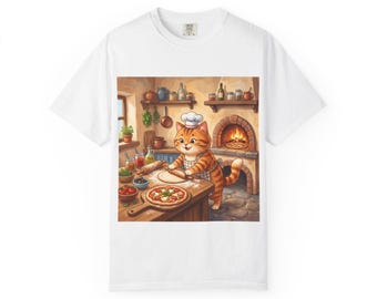 Chef Cat Making Pizza T-Shirt | Cute Kitchen Cat Illustration | Orange Tabby Tee | Gift for Baker or Foodie | Retro Culinary Graphic Shirt