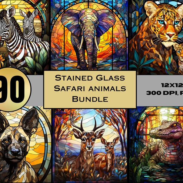 Stained Glass Safari Animals Bundle, PNG, Sublimation Design, Sunsnatcher, Coaster Safari PNG, Instant Digital Download, 90 Safari Animals
