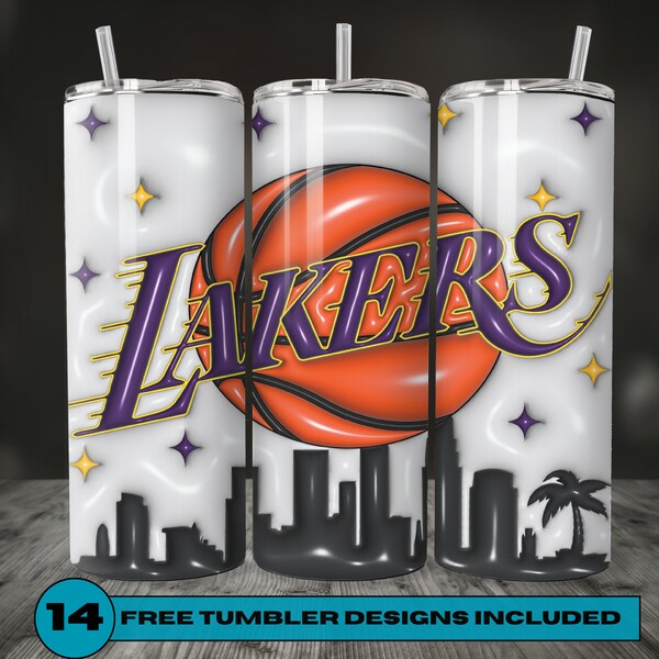 3D Inflated LA Lakers Basketball Team, 20 oz Skinny Tumbler PNG Wrap Straight and Tapered, Sip in Style! Instant Digital Download