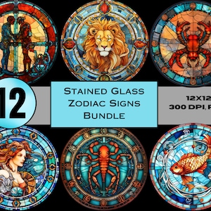 Pakiet znaków zodiaku w unikalnych stylach witraży, pakiet clipartów horoskopów znaków zodiaku, elementy ognia, wody, ziemi, powietrza PNG