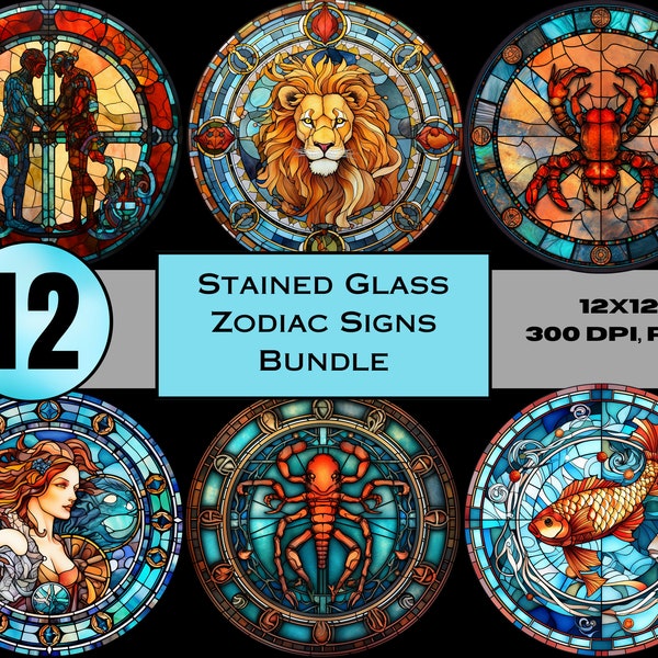 Paquete de signos del zodíaco en estilos únicos de vidrieras, paquete de imágenes prediseñadas del horóscopo de signos del zodíaco de imágenes prediseñadas, fuego, agua, tierra, elementos de aire PNG