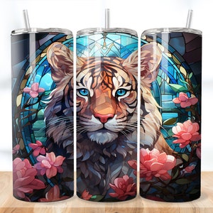 Stained Glass Tiger, 20 oz Skinny Tumbler Sublimation, PNG Tumbler Glass Wrap Straight and Tapered, Sip in Style! Instant Digital Download