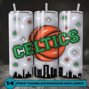 3D Inflated Boston Celtics Basketball Team, 20 oz Skinny Tumbler PNG Wrap Straight and Tapered, Sip in Style! Instant Digital Download