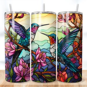 Stained Glass Hummingbirds, 20 oz Skinny Tumbler Sublimation, PNG Tumbler Wrap Straight and Tapered, Sip in Style! Instant Digital Download