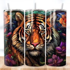 Stained Glass Tiger, 20 oz Skinny Tumbler Sublimation, PNG Tumbler Glass Wrap Straight and Tapered, Sip in Style! Instant Digital Download