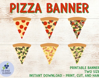 Könnte beinhalten: Druckbare Pizzabanner mit sechs verschiedenen Pizzastücken, jedes mit einer einzigartigen Belagskombination. Das Banner ist in zwei Größen erhältlich und lautet "Druckbare Banner Zwei Größen Sofort-Download - Drucken, Ausschneiden und Aufhängen".