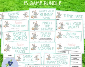 Lot de jeux de Pâques | 15 jeux | variété de jeux amusants pour enfants et adultes | Comprend un jeu de noms, des anecdotes, des blagues, ceci ou cela et plus encore | Imprimable